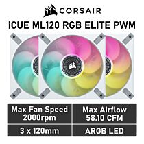 CORSAIR iCUE ML120 RGB ELITE 120mm PWM CO-9050117 Case Fans - 3 Fan Pack by corsair at Rebel Tech