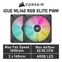 CORSAIR iCUE ML140 RGB ELITE 140mm PWM CO-9050115 Case Fans - 2 Fan Pack by corsair at Rebel Tech