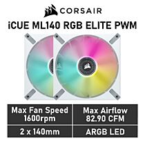 CORSAIR iCUE ML140 RGB ELITE 140mm PWM CO-9050119 Case Fans - 2 Fan Pack by corsair at Rebel Tech