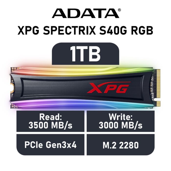 ADATA XPG SPECTRIX S40G RGB 1TB PCIe Gen3x4 AS40G-1TT-C M.2 2280 Solid State Drive by adata at Rebel Tech