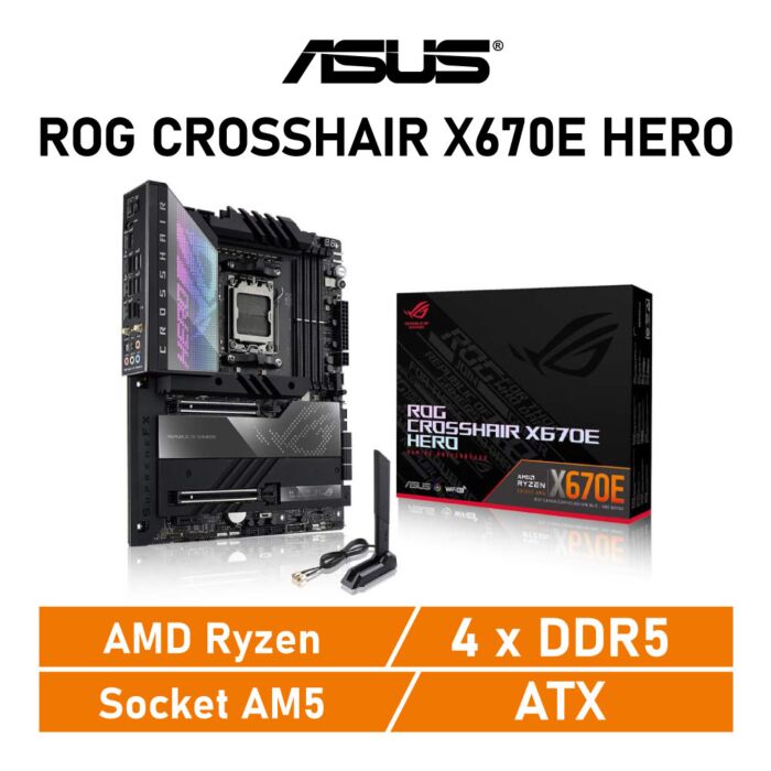 ASUS ROG CROSSHAIR X670E HERO AM5 AMD X670 ATX AMD Motherboard by asus at Rebel Tech