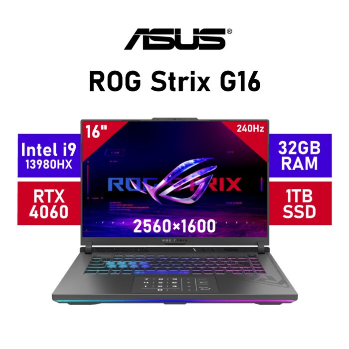 ASUS ROG Strix G16 G614JV-I93210G1W Intel Core i9-13980HX/ 16" WQXGA (2560×1600) 240Hz / 32GB DDR5 RAM / GeForce RTX 4060 8GB / 1TB PCIe Gen4x4 NVMe SSD / Windows 11 Home / Grey 90NR0C61-M00FM0 Gaming Laptop by asus at Rebel Tech