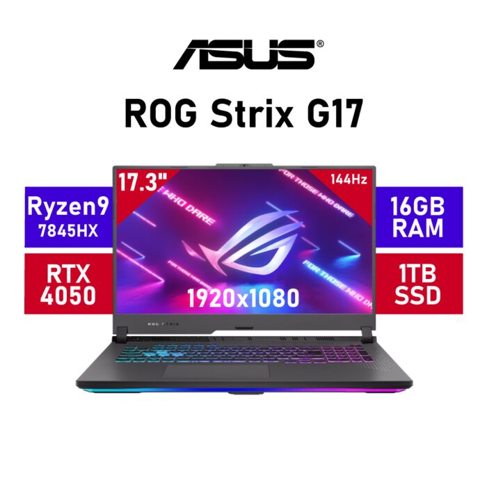 ASUS ROG Strix G17 G713PU-91610G0W AMD Ryzen 9 7845HX/ 17.3" Full HD (1920x1080) 144Hz / 16GB DDR5 RAM / GeForce RTX 4050 8GB / 1TB PCIe Gen4x4 NVMe SSD / Windows 11 Home / Eclipse Grey 90NR0C54-M005B0 Gaming Laptop by asus at Rebel Tech