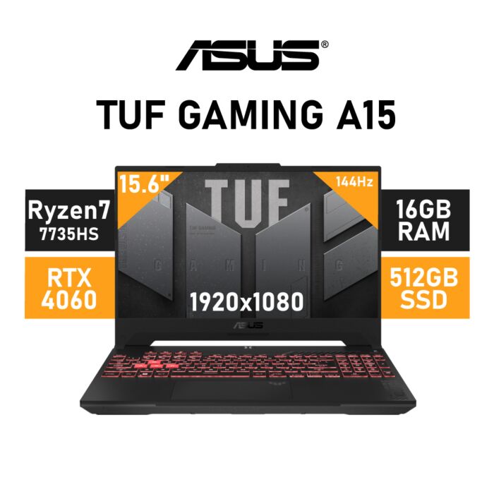 ASUS TUF Gaming A15 FA507NV-716512G0W AMD Ryzen 7-7735HS / 15.6" FHD (1920x1080) 144Hz / 16GB DDR5 RAM / GeForce RTX 4060 8GB / 512GB PCIe Gen4x4 NVMe SSD / Windows 11 Home / Jaegar Gray 90NR0E88-M003S0 Gaming Laptop by asus at Rebel Tech
