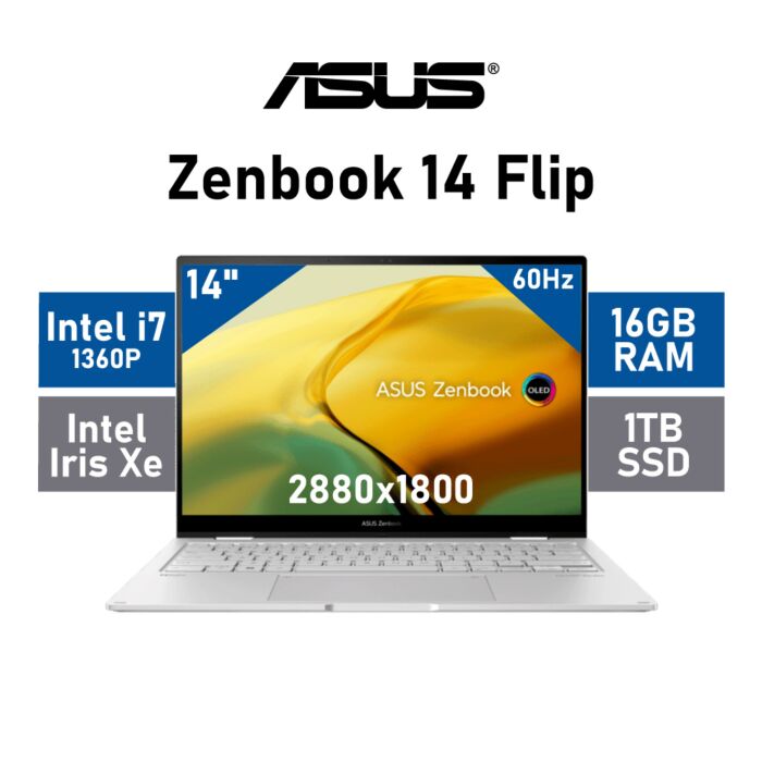 ASUS Zenbook 14 Flip UP3404VA-OI71610S0W Intel Core i7-1360P/ 14" WQXGA+ (2880x1800) OLED Touchscreen Display / 16GB LPDDR5 RAM / 1TB PCIe Gen4x4 NVMe SSD / Windows 11 Home / Foggy Silver 90NB10E3-M00490 Laptop by asus at Rebel Tech