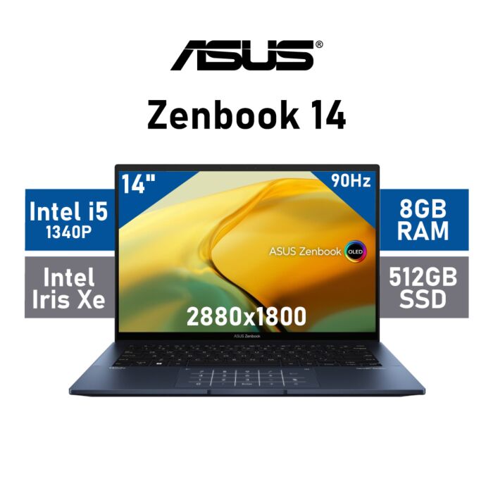 ASUS Zenbook 14 UX3402VA-OI58512BL0W Intel Core i5-1340P/ 14'' WQXGA+ (2880x1800) OLED Display / 8GB LPDDR5 RAM / 512GB PCIe Gen4x4 NVMe SSD / Windows 11 Home / Ponder Blue 90NB10G1-M00EF0 Laptop by asus at Rebel Tech