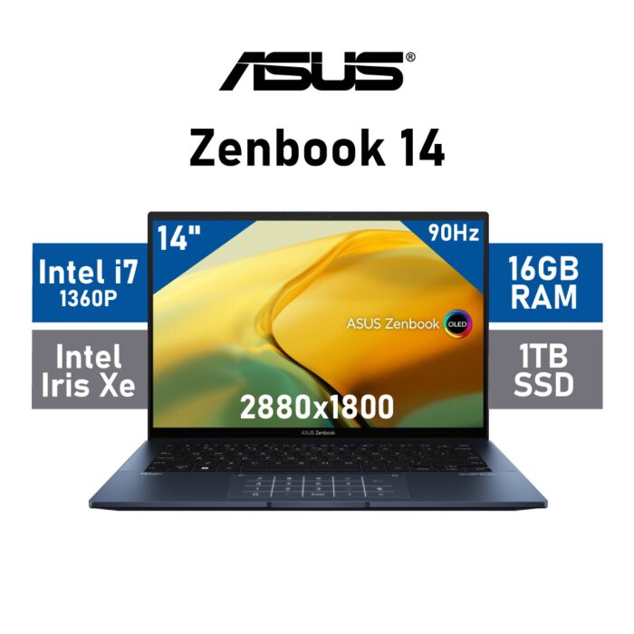 ASUS Zenbook 14 UX3402VA-OI71610BL0W Intel Core i7-1360P/ 14" WQXGA (2880x1800) OLED 90Hz Glossy / 16GB LPDDR5 RAM / 1TB PCIe Gen3x4 NVMe SSD / Windows 11 Home / Ponder Blue 90NB10G1-M009A0 Laptop by asus at Rebel Tech