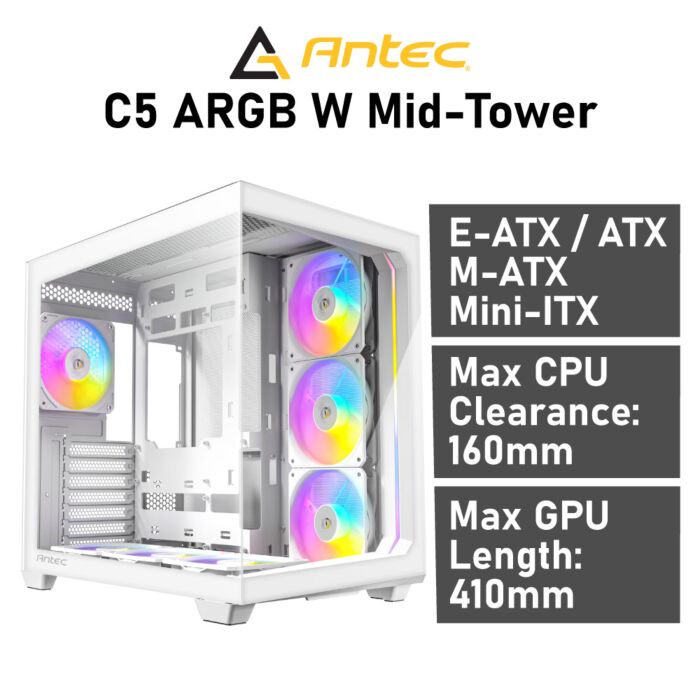 Antec C5 ARGB ATX DUAL C5-ARGB-W Mid-Tower White Computer Case by antec at Rebel Tech