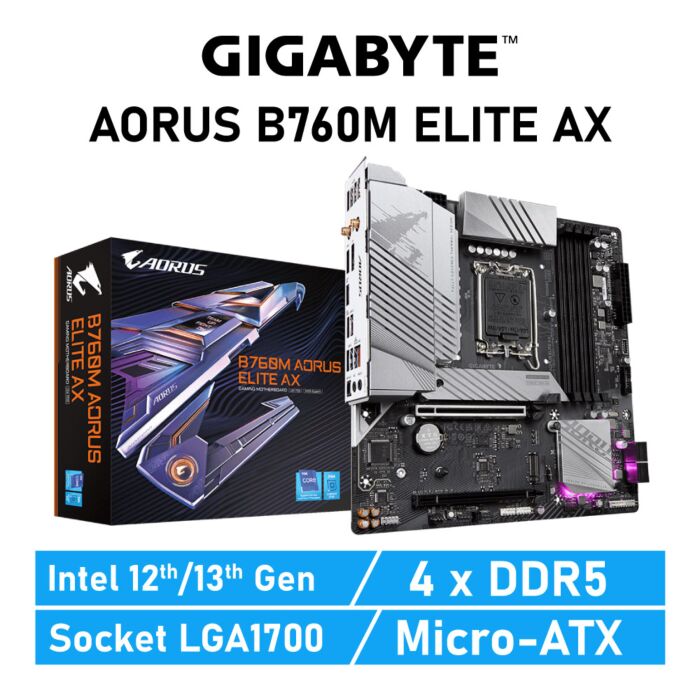 GIGABYTE B760M AORUS ELITE AX LGA1700 Intel B760 Micro-ATX Intel Motherboard by gigabyte at Rebel Tech