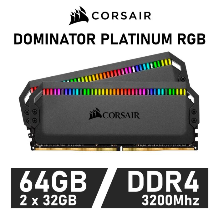 CORSAIR DOMINATOR PLATINUM RGB 64GB Kit DDR4-3200 CL16 1.35v CMT64GX4M2E3200C16 Desktop Memory by corsair at Rebel Tech