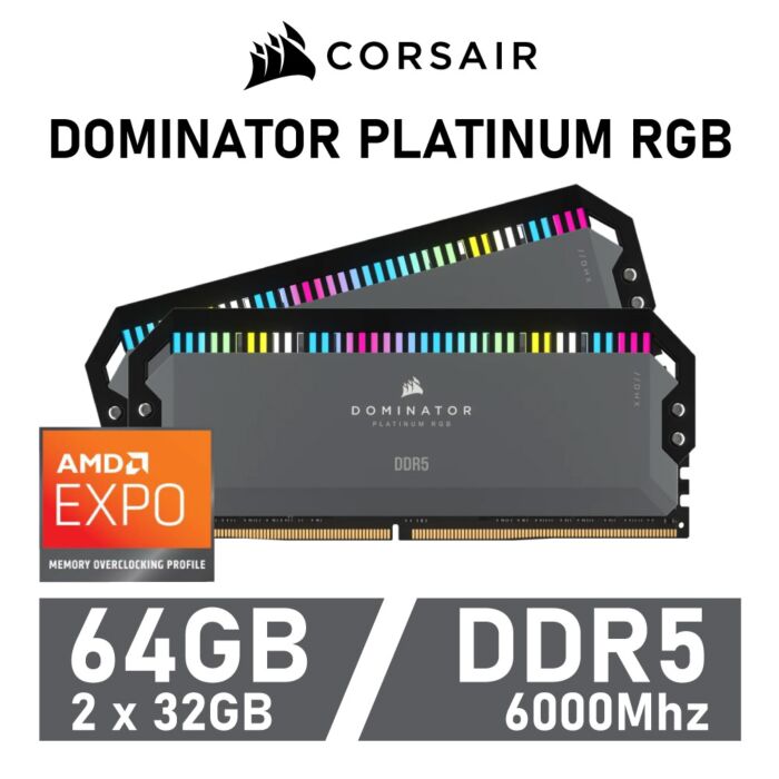 CORSAIR DOMINATOR PLATINUM RGB 64GB Kit DDR5-6000 CL40 1.35v CMT64GX5M2B6000Z40 Desktop Memory by corsair at Rebel Tech