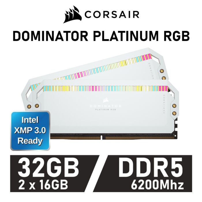 CORSAIR DOMINATOR PLATINUM RGB 32GB Kit DDR5-6200 CL36 1.30v CMT32GX5M2X6200C36W Desktop Memory by corsair at Rebel Tech