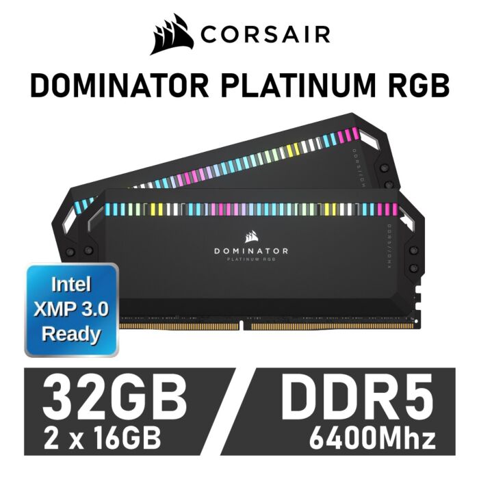 CORSAIR DOMINATOR PLATINUM RGB 32GB Kit DDR5-6400 CL32 1.40v CMT32GX5M2B6400C32 Desktop Memory by corsair at Rebel Tech