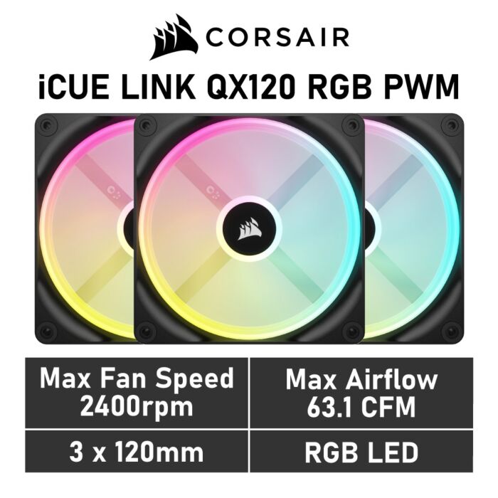 CORSAIR iCUE LINK QX120 RGB 120mm PWM CO-9051002 Case Fans - 3 Pack by corsair at Rebel Tech