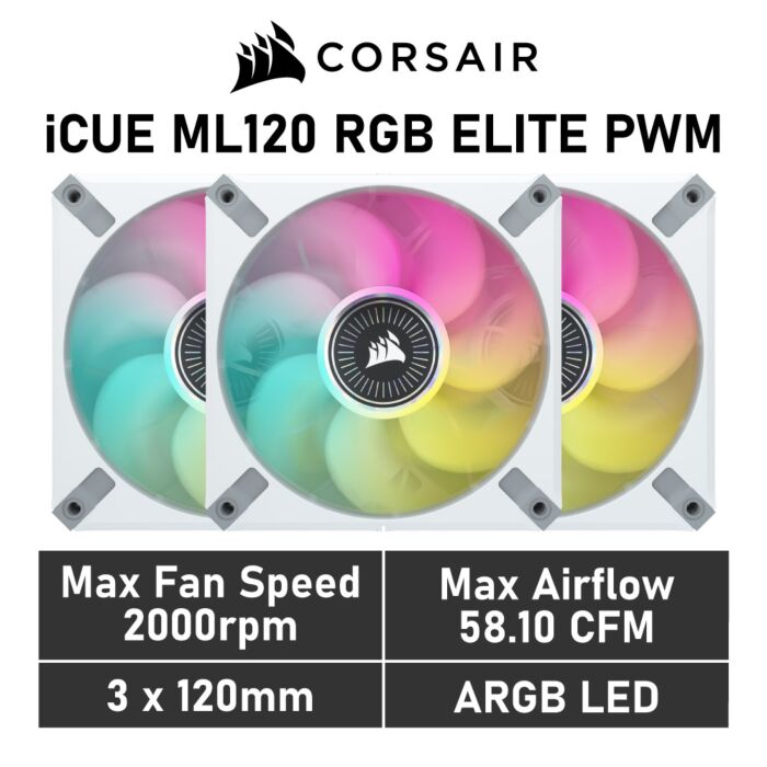 CORSAIR iCUE ML120 RGB ELITE 120mm PWM CO-9050117 Case Fans - 3 Fan Pack by corsair at Rebel Tech