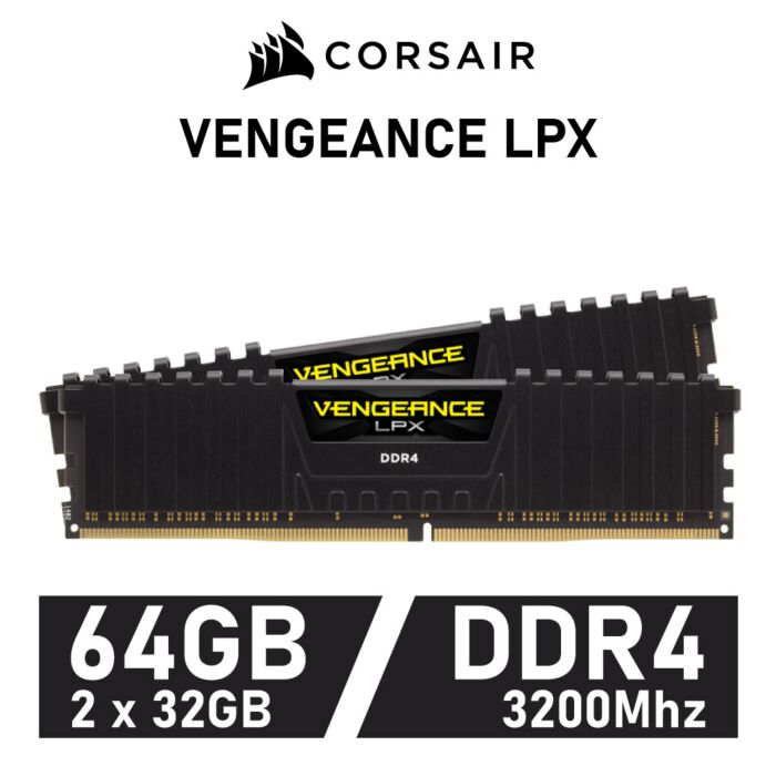 CORSAIR VENGEANCE LPX 64GB Kit DDR4-3200 CL16 1.35v CMK64GX4M2E3200C16 Desktop Memory by corsair at Rebel Tech