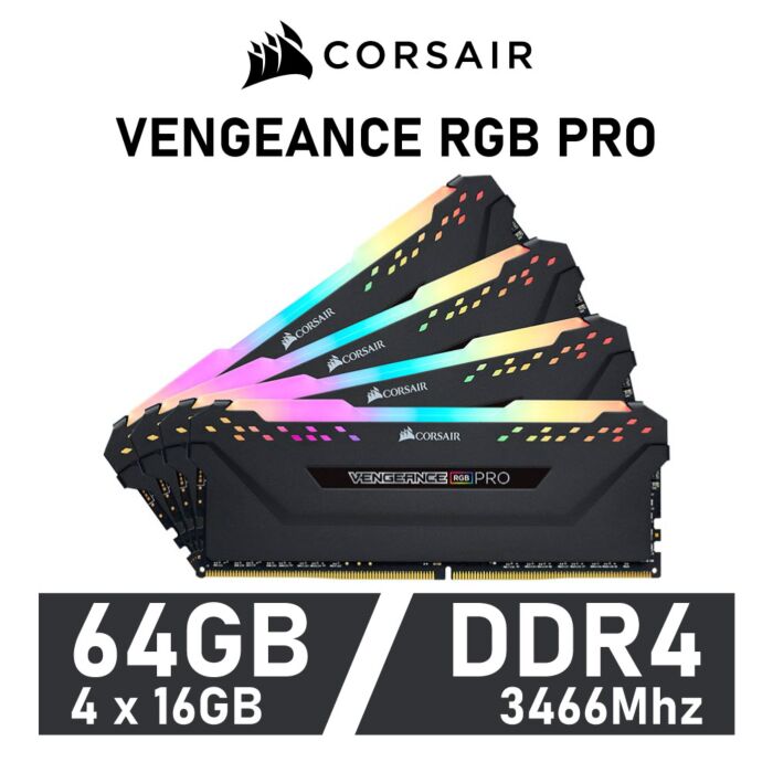 CORSAIR VENGEANCE RGB PRO 64GB Kit DDR4-3466 CL16 1.35v CMW64GX4M4C3466C16 Desktop Memory by corsair at Rebel Tech