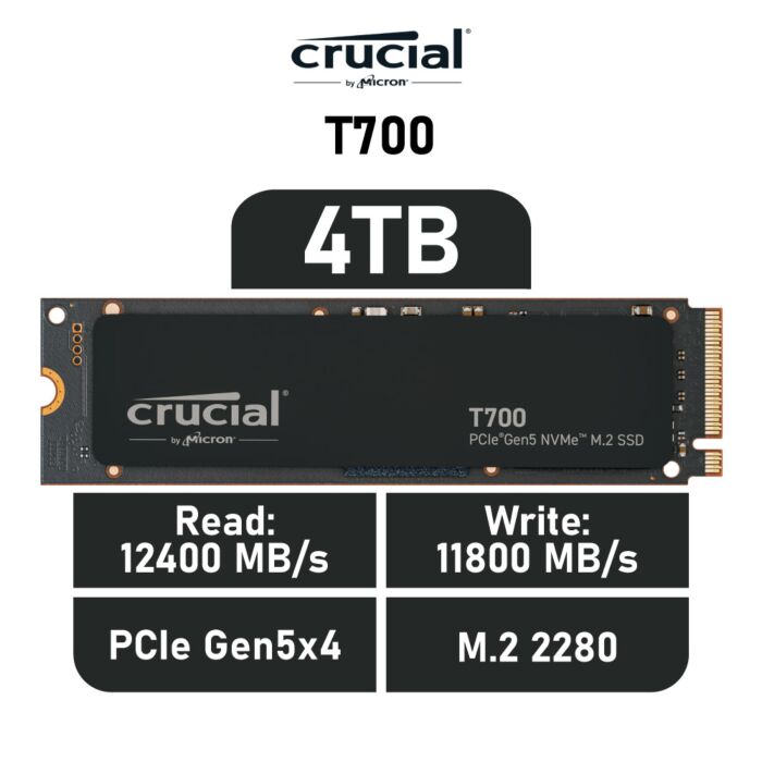 Crucial T700 4TB PCIe Gen5x4 CT4000T700SSD3 M.2 2280 Solid State Drive by crucial at Rebel Tech