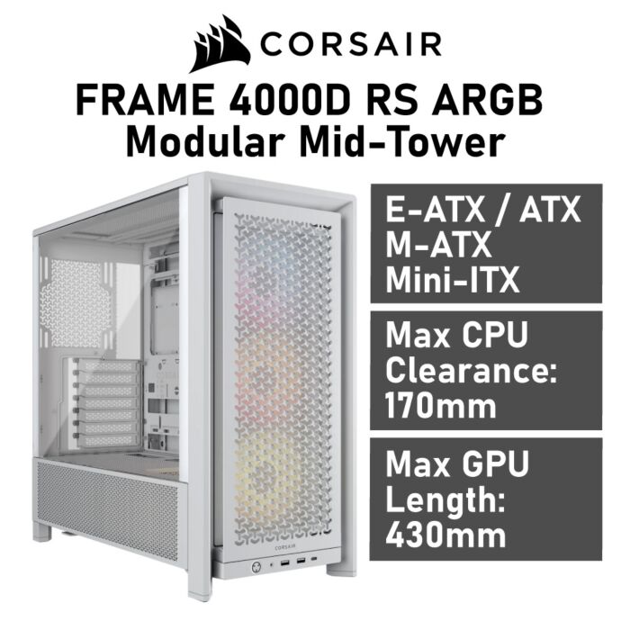 CORSAIR FRAME 4000D RS ARGB Modular Mid-Tower CC-9011297 White Computer Case by corsair at Rebel Tech