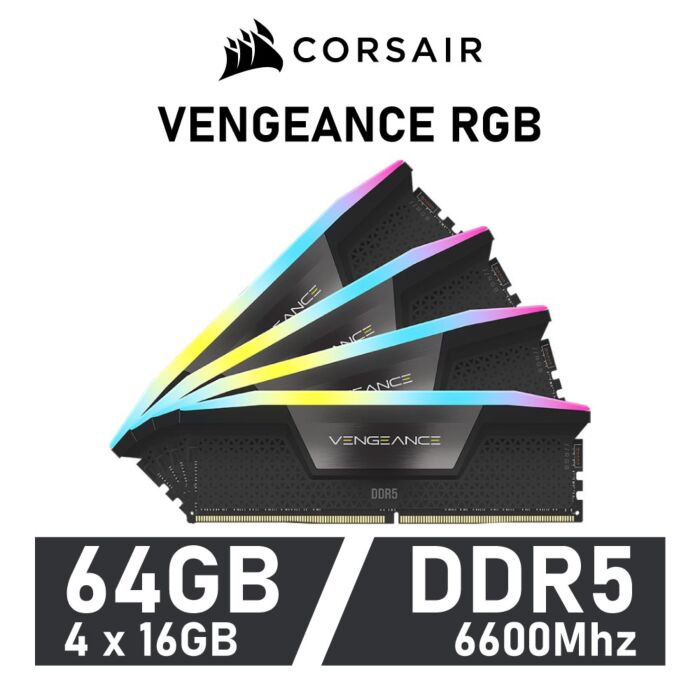 CORSAIR VENGEANCE RGB 64GB Kit DDR5-6600 CL32 1.40v CMH64GX5M4B6600C32 Desktop Memory by corsair at Rebel Tech