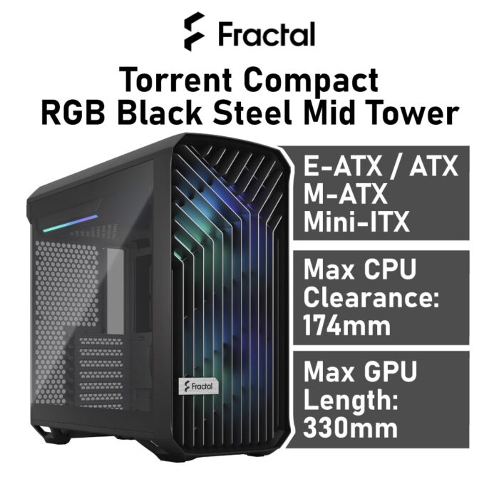 Fractal Design FD-C-TOR1C-02 Torrent Compact Light Tempered Glass RGB Black Steel Mid Tower Computer Case by fractaldesign at Rebel Tech