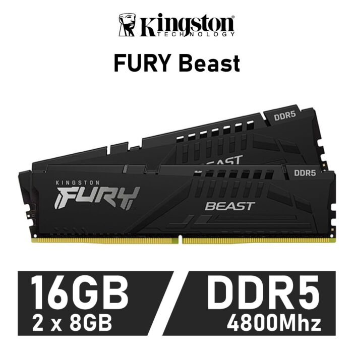 Kingston FURY Beast 16GB Kit DDR5-4800 CL38 1.10v KF548C38BBK2-16 Desktop Memory by kingston at Rebel Tech