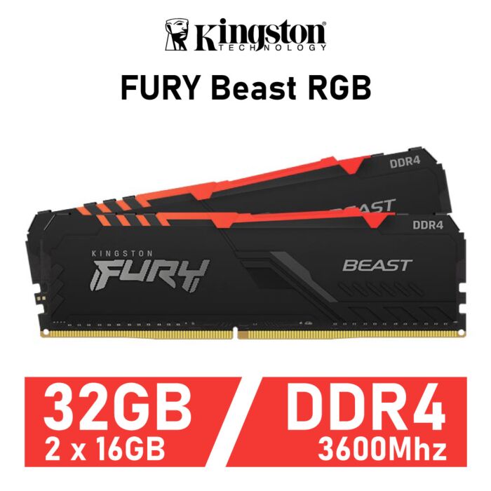 Kingston FURY Beast RGB 32GB Kit DDR4-3600 CL18 1.35v KF436C18BBAK2/32 Desktop Memory by kingston at Rebel Tech