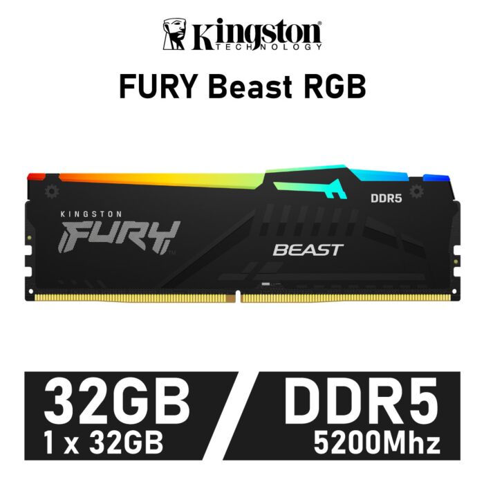 Kingston FURY Beast RGB 32GB DDR5-5200 CL40 1.25v KF552C40BBA-32 Desktop Memory by kingston at Rebel Tech